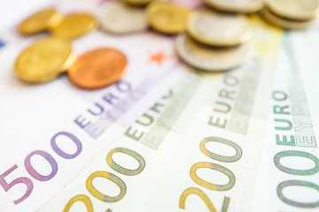 Euro money: closeup of banknotes and coins