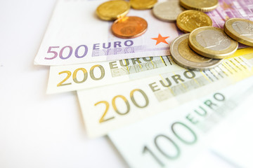 Euro money: closeup of banknotes and coins