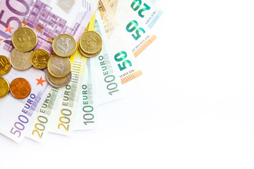 Euro money: closeup of banknotes and coins