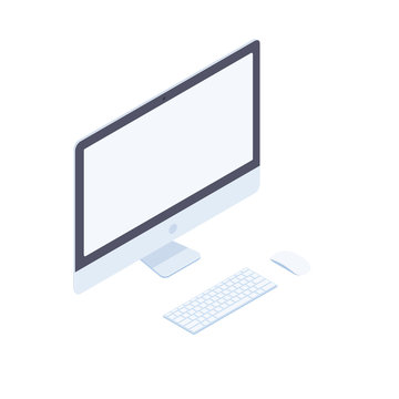 Isometric desktop computer with keyboard, mouse and blank screen in white body isolated on white background. Technology and computing design element. Vector 3d cartoon.