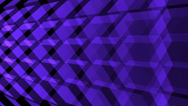 Rotating rows of blue-violet translucent boxes in a three-dimensional space. Abstract geometric dynamic background with optical illusions. Loop ready
