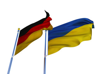 Germany flag Ukraine flag Isolated Silk waving flags Federal Republic of Germany and Ukraine  with a flagpole on a white background 3D illustration