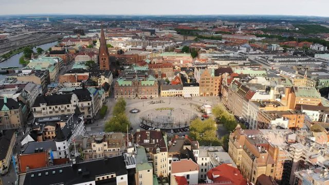 Aerial view of cityscape of Malmo, capital city of Scania, historic center of city, brightly coloured houses, Stortorget Square - landscape of Sweden from above, Scandinavia, Europe, 4k UHD