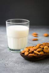 Glass of almond milk with almonds nuts in wooden bowl on dark grey background, copy space, healthy organic vegetarian drink, homemade diet natural dairy product