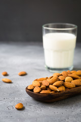 Glass of almond milk with almonds nuts in wooden bowl on dark grey background, copy space, healthy organic vegetarian drink, homemade diet natural dairy product