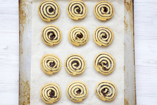 Freshly Baked Cookies On A Baking Sheet, Closeup. From Above, Top View.