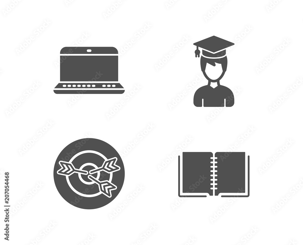 Poster set of notebook, student and targeting icons. book sign. laptop computer, graduation cap, target wit