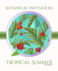 Greenery tropical card template design with palm and flowers for greeting, invitation.