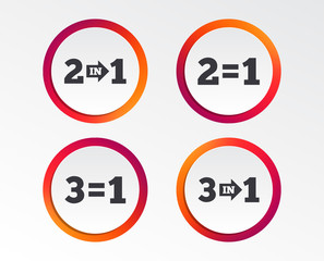 Special offer icons. Take two pay for one sign symbols. Profit at saving. Infographic design buttons. Circle templates. Vector