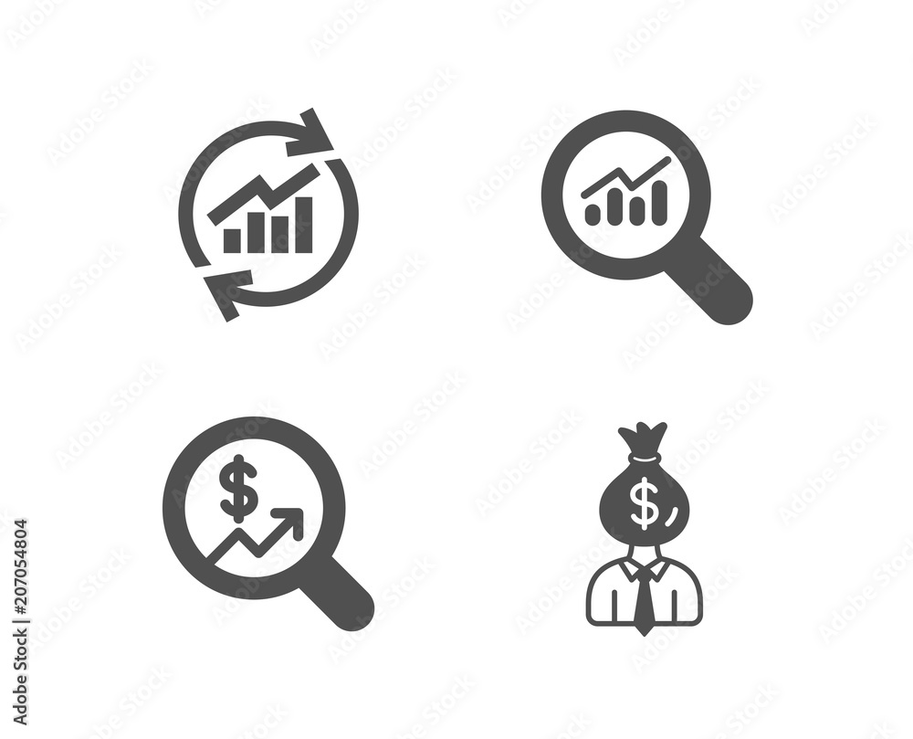 Poster set of update data, data analysis and currency audit icons. manager sign. sales statistics, magnifyi