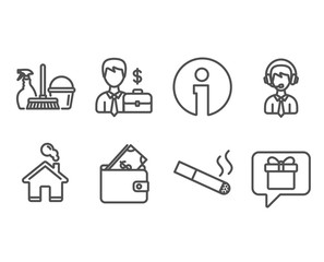 Set of Household service, Businessman case and Smoking icons. Wallet, Shipping support and Wish list signs. Cleaning equipment, Human resources, Cigarette. Usd cash, Delivery manager, Present box