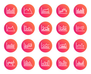 Financial charts line icons. Set of Candle stick graph, Report and Infochart signs. Growth, Trade and Investment. Stock exchange, Candlestick and Diagrams. Trendy gradient circle buttons. Vector