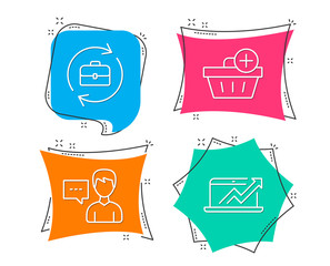 Set of Add purchase, Person talk and Human resources icons. Sales diagram sign. Shopping order, Communication message, Job recruitment. Sale growth chart.  Flat geometric colored tags. Vivid banners