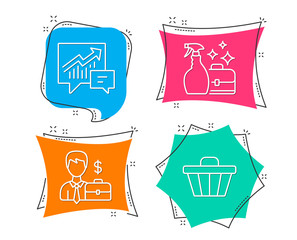 Set of Accounting, Cleanser spray and Businessman case icons. Shop cart sign. Supply and demand, Washing liquid, Human resources. Web buying.  Flat geometric colored tags. Vivid banners. Vector