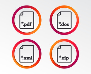 Download document icons. File extensions symbols. PDF, ZIP zipped, XML and DOC signs. Infographic design buttons. Circle templates. Vector