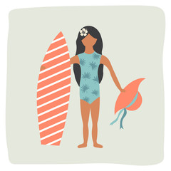 Surfer pretty Girl with surfing board on the beach