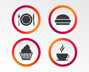 Food and drink icons. Muffin cupcake symbol. Plate dish with fork and knife sign. Hot coffee cup and hamburger. Infographic design buttons. Circle templates. Vector