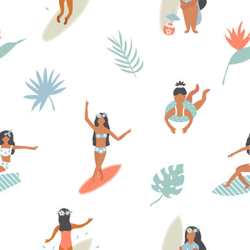 Summertime seamless pattern with pretty girls