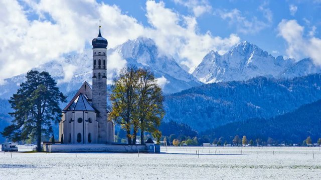T/L St. Coleman's Church with snowcapped mountain in background, Schwangau, Germany