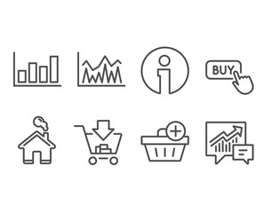 Set of Shopping, Add purchase and Report diagram icons. Buy button, Investment and Accounting signs. Add to cart, Shopping order, Financial market. Economic statistics, Supply and demand. Vector