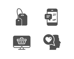 Set of Smartphone notification, Web shop and Tea bag icons. Romantic talk sign. Chat message, Shopping cart, Brew hot drink. Love chat.  Quality design elements. Classic style. Vector