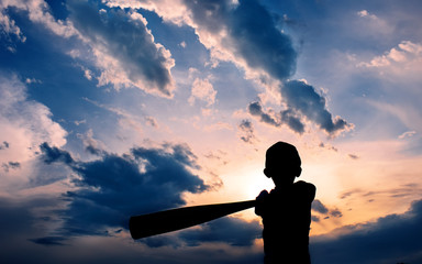 Baseball Boy Silhouette, Boy swinging baseball bat in the clouds