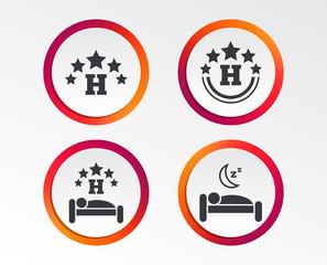 Five stars hotel icons. Travel rest place symbols. Human sleep in bed sign. Infographic design buttons. Circle templates. Vector