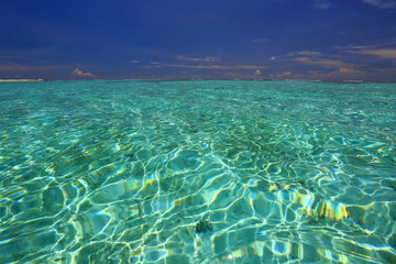 Colorful view of turquoise water of Indian Ocean surface and blue sky. Beautiful background....
