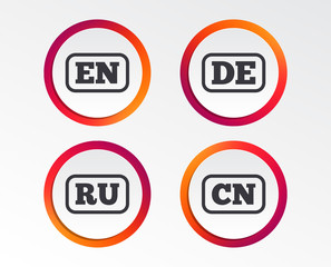 Language icons. EN, DE, RU and CN translation symbols. English, German, Russian and Chinese languages. Infographic design buttons. Circle templates. Vector
