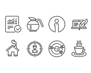 Set of Checked calculation, Coffeepot and Targeting icons. Copyright laptop, Headhunting and Tea cup signs. Statistical data, Brewed coffee, Target with arrows. Vector