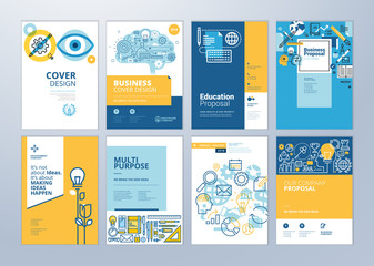 Set of brochure design templates on the subject of education, school, online learning. Vector illustrations for flyer layout, marketing material, annual report cover, presentation template. - obrazy, fototapety, plakaty