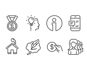 Set of Payment, Smartphone notification and Best rank icons. Idea, Ð¡opyright chat and Women headhunting signs. Usd coin, Chat message, Success medal. Professional job, Speech bubble, Women teamwork