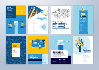 Set of brochure design templates on the subject of education, school, online learning. Vector illustrations for flyer layout, marketing material, annual report cover, presentation template.