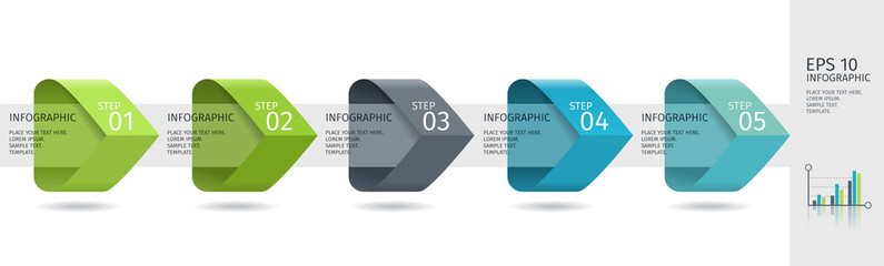 Infographic arrows with 5 step up options and glass elements. Vector template in flat design style