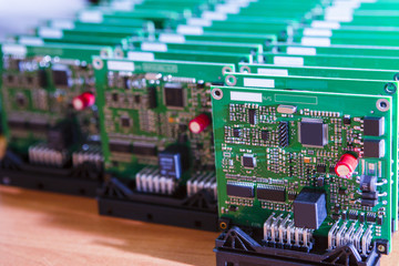 Modern Electronics Ideas. Closeup of Lot of Electronic Printed Circuit Boards with Lots of Surface...