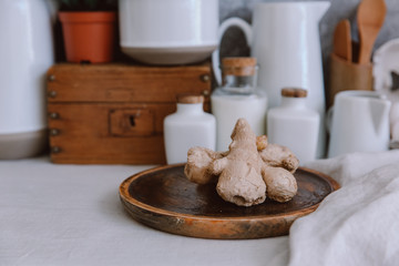Fresh Ginger on rustic background