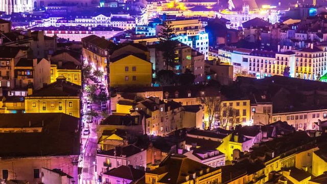 Night time-lapse view of the lights of the streets of Lisboa
