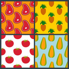 Vegetable organic food sliced red tomato and corn pineapple meat bunch cluster seamless pattern vector illustration background