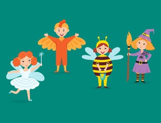 Fototapeta premium Cute kids wearing Christmas costumes vector characters little people isolated cheerful children holidays illustration