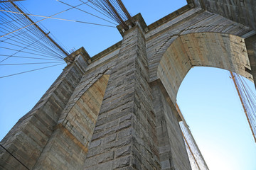 View from the bottom on the pylon - Brooklyn Bridge, New York City, Manhattan