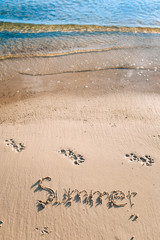 The word summer is written on the sand by the sea. Beach season. Walking with a dog on the beach.