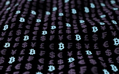 Bitcoin background. Cryptocurrency 3D illustration. Digital currency symbol. Wave effect, currency market fluctuations. Business concept