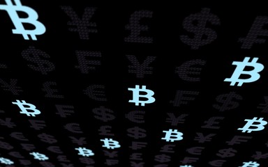 Bitcoin background. Cryptocurrency 3D illustration. Digital currency symbol. Business concept