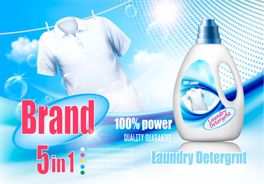 Laundry detergent ad. Design template. Plastic bottle  and white shirt on rope.  Vector