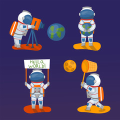Vector astronauts in space, working character and having fun spaceman galaxy atmosphere system fantasy traveler man.