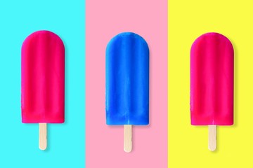 Collage of pink and blue summer popsicles on bright blue, pink and yellow background