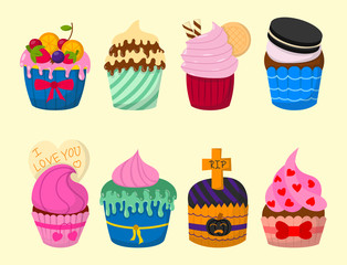 Set of cute vector cupcakes and muffins chocolate celebration birthday food sweet bakery party cute sprinkles decoration.
