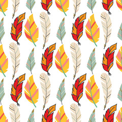 Tribal flat feather seamless pattern background bird vintage colorful ethnic hand drawn element decorative drawing nature quill painting vector illustration.