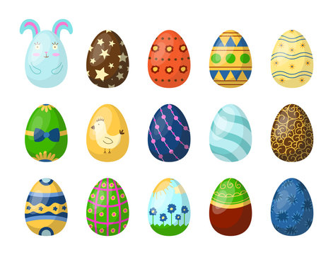 Easter eggs painted with spring pattern multi colored organic food holiday game vector illustration.