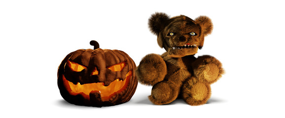 halloween horror evil pumpkin and teddy horror bear 3d rendering isolated